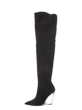 Stuart Weitzman Suede Black Over the Knee Boots lucite wedge heel